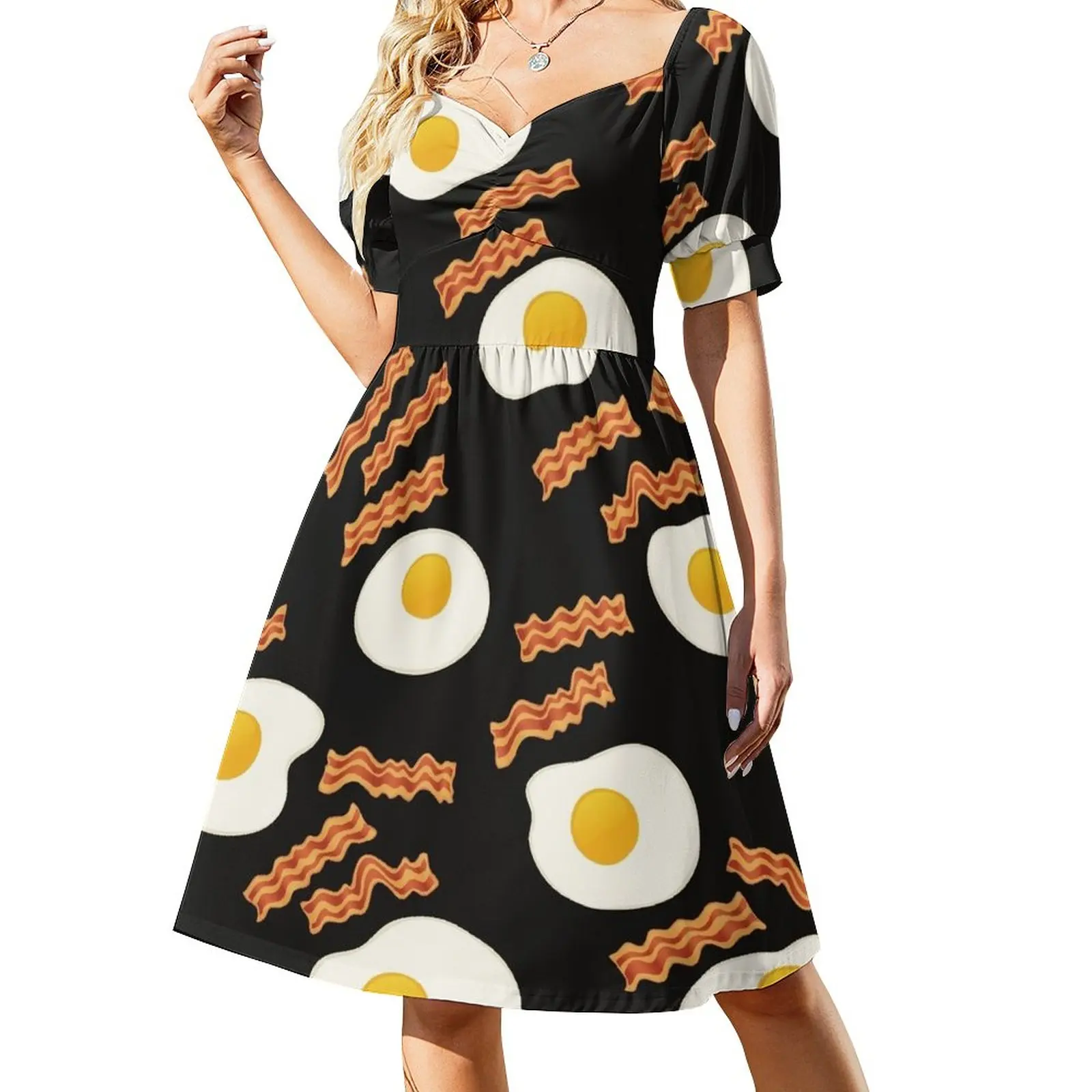 thumbnail image 1 of Vestido de desayuno con huevos y tocino, vestido para mujer, vestidos de verano para mujer, 1 of 7