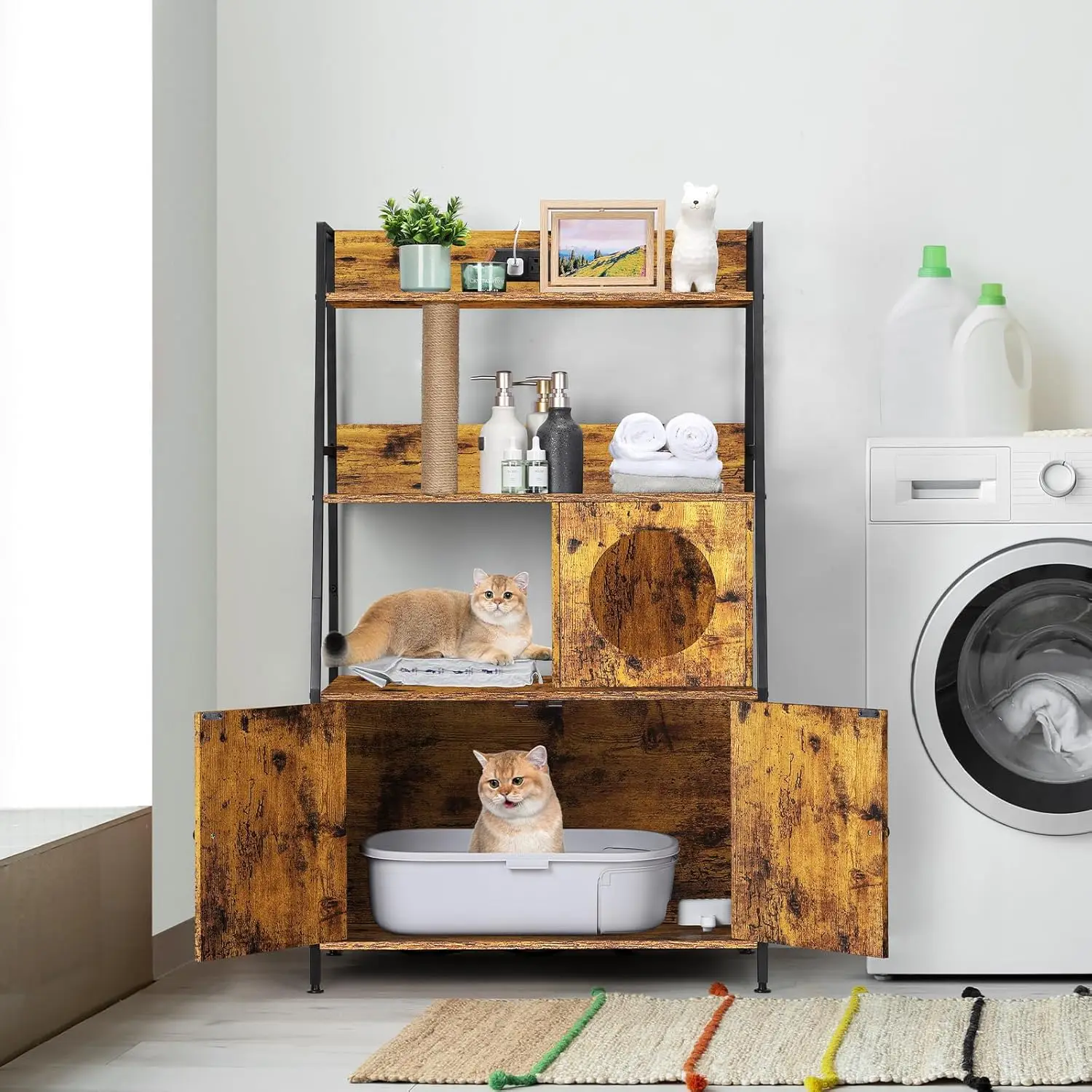Cat Litter Box Enclosure with 2 Storage Shelves Enclosure Furniture with Charging Station Cat Washroom Cat Tree Tower