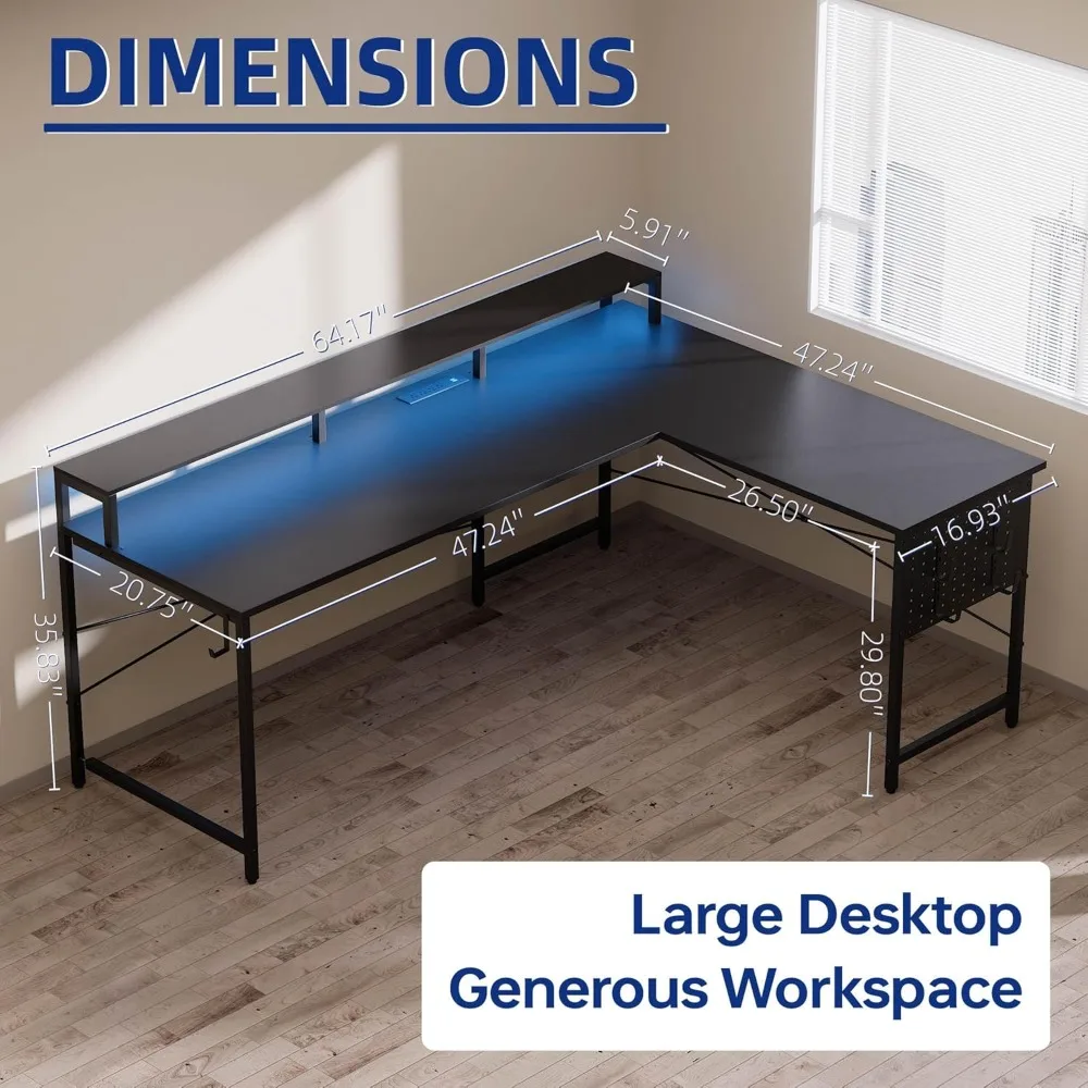 64 Inch L-Shaped Gaming Desk with Power Outlets, LED Lights, Monitor Stand & Pegboard for Home Office