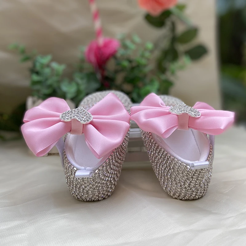 Dollbling 4 Seasons Girl 0-4 Years Gracefule Pink Butterfly Knot Prewalk Indoor Soft-Sole Shoes for Christening or Baby Shower 2