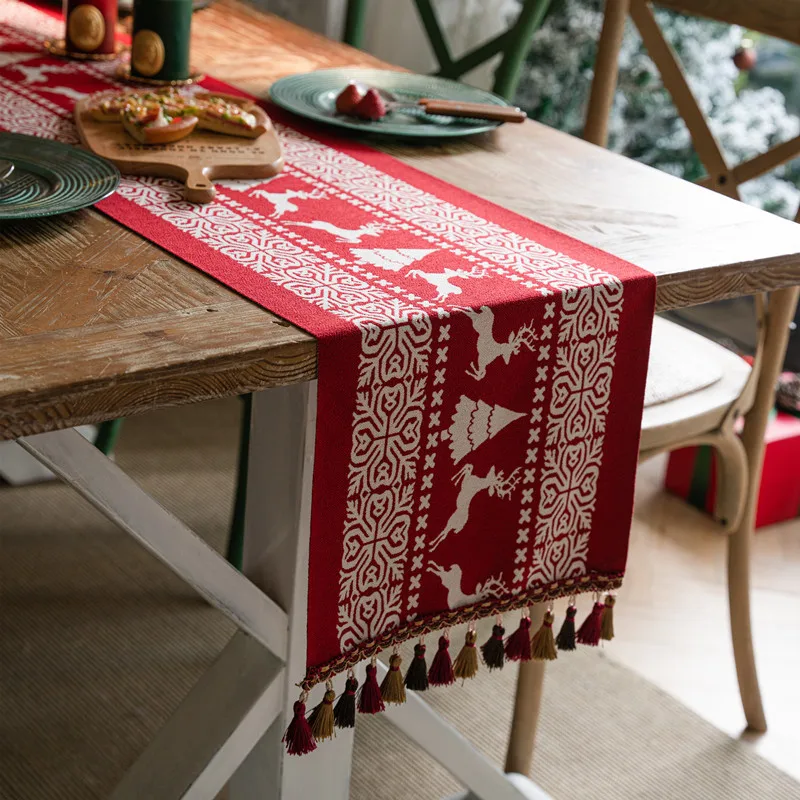 

Table Runner with Tassel Christmas Snowman Deer Pattern Tablecloth for Dinning Table Room Home New Year Navidad Decoration