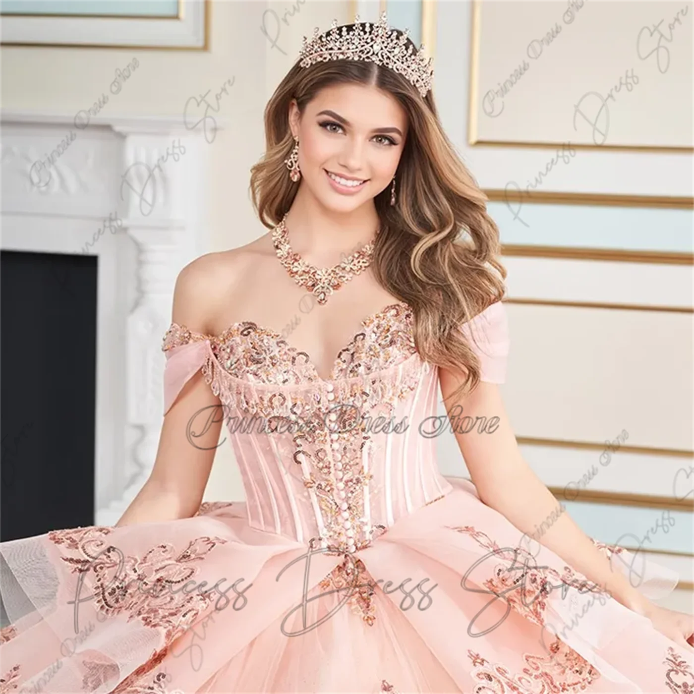 Glitter Quinnceanera Dress Ball Gown Shiny Gold Lace Applique Beading Mexican Sweet 16 Vestidos De 15Anos Party Dress