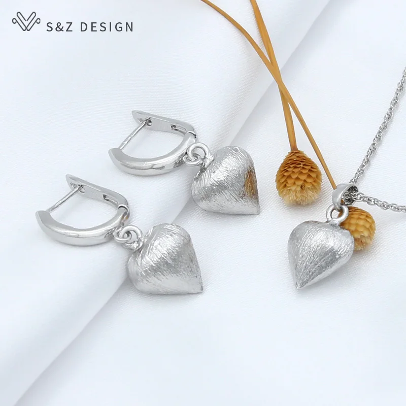 S&Z DESIGN New 585 Rose Gold Color Heart-shaped Metal Dangle Earrings Jewelry Sets For Women Wedding Pendant Necklace