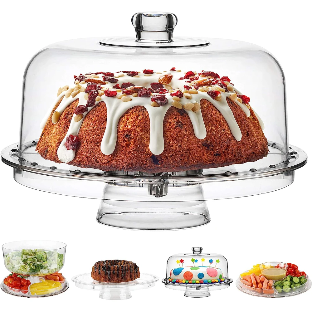 

Acrylic Cake Stand with Dome Cover (6 in 1) Multi-Functional Serving Platter and Cake Plate - Use as Cake Holder, Salad Bowl