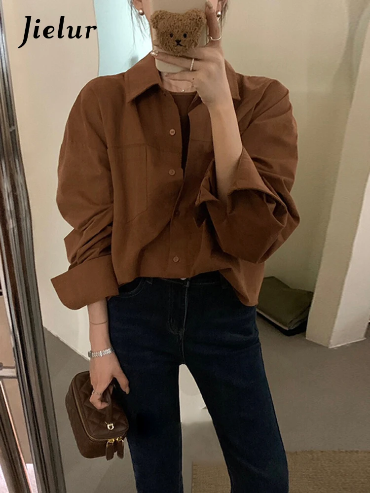 Jielur Fake Two Autumn New Solid Color Women Shirt Casual Slim Fashion Shirt Woman Simple Basic Chicly Long-Sleeved Top Female