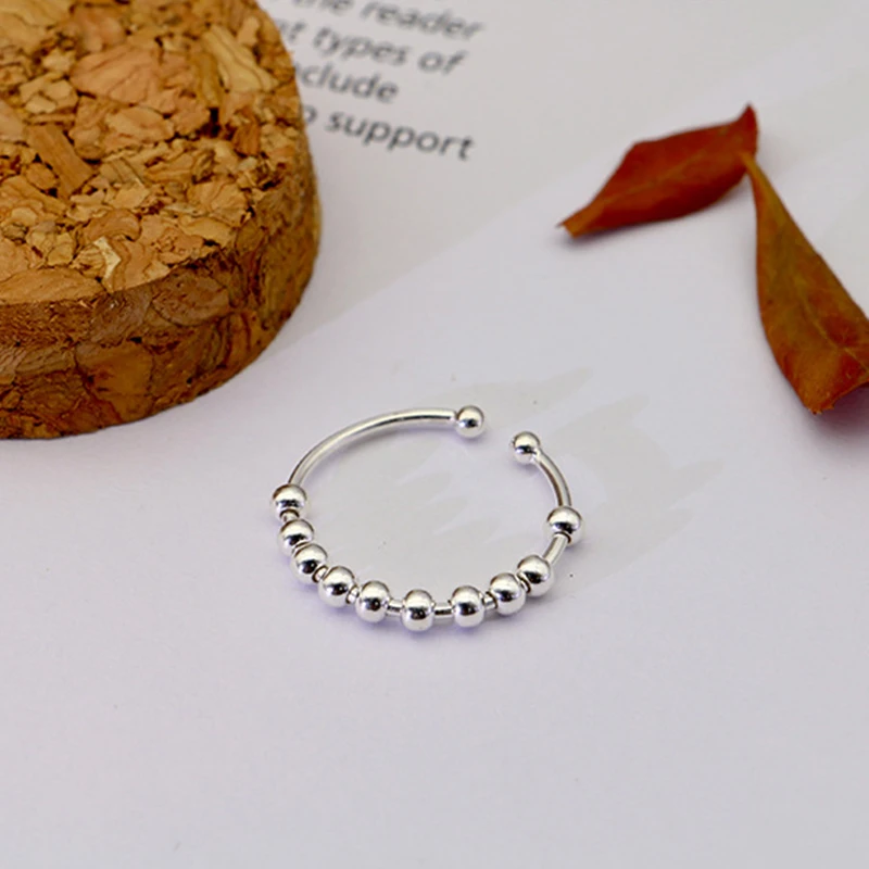 New True 925 Sterling Silver Ladies Men's Free Spin Stress Anxiety Ring Sterling Silver Fidget Beads Adjustable Ring