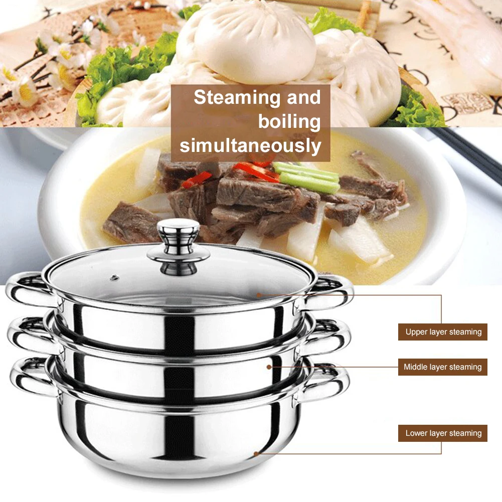 3 Tier Steamer Pot for Cooking with Lid Stainless Steel Steam Pot Multipurpose Steamer for Vegetable Dumpling Stock Sauce Food