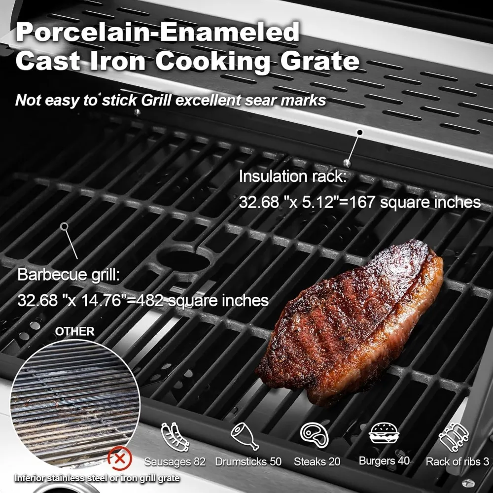 Upgraded 6 Burner Propane Gas Grill with Cast Iron Grates & Side Stove, 60,000 BTU Stainless Steel, BBQ Grills 4