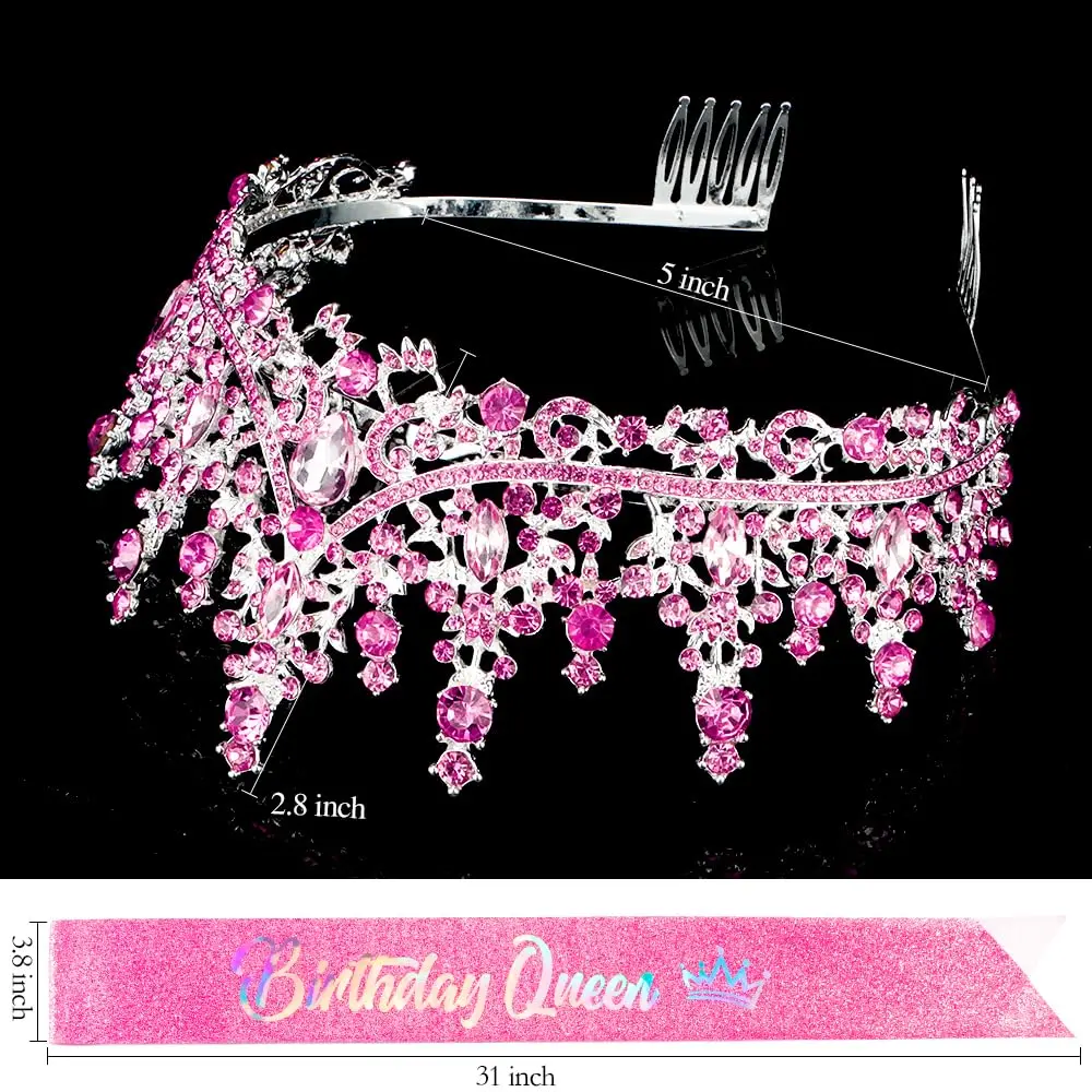 Pink Birthday Queen Sash Tiaras Crowns For Women Girls Crystal Princess Tiara Rhinestone Headbands Quinceanera Happy Birthday jewelry accessories,hair accessory,hair headdress,hair band crown