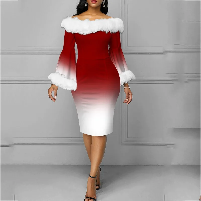 

Women's Off Shoulder Christmas Long Sleeve Elegant Dress Temperament Commuting Autumn & Winter Woman Simple High Waist Dresses