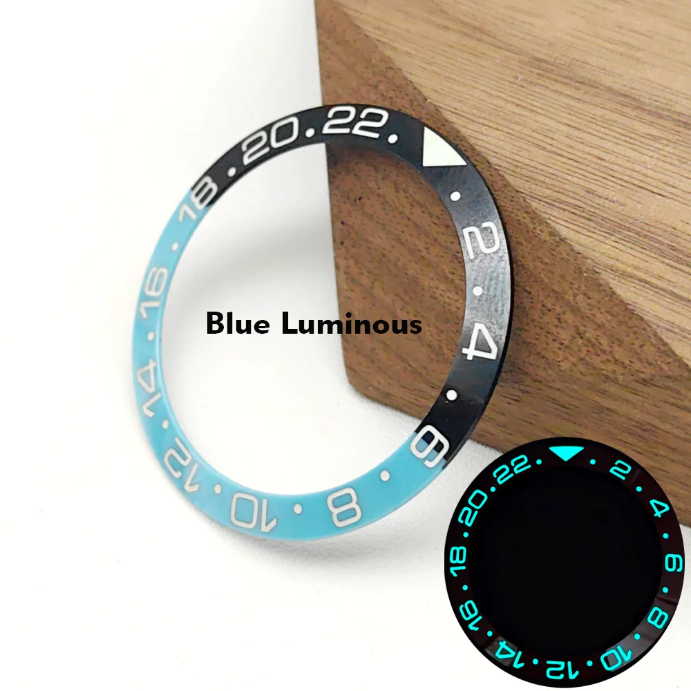 Blue Luminous Curved Ceramic Watch Bezel Insert, 38mm GMT Style