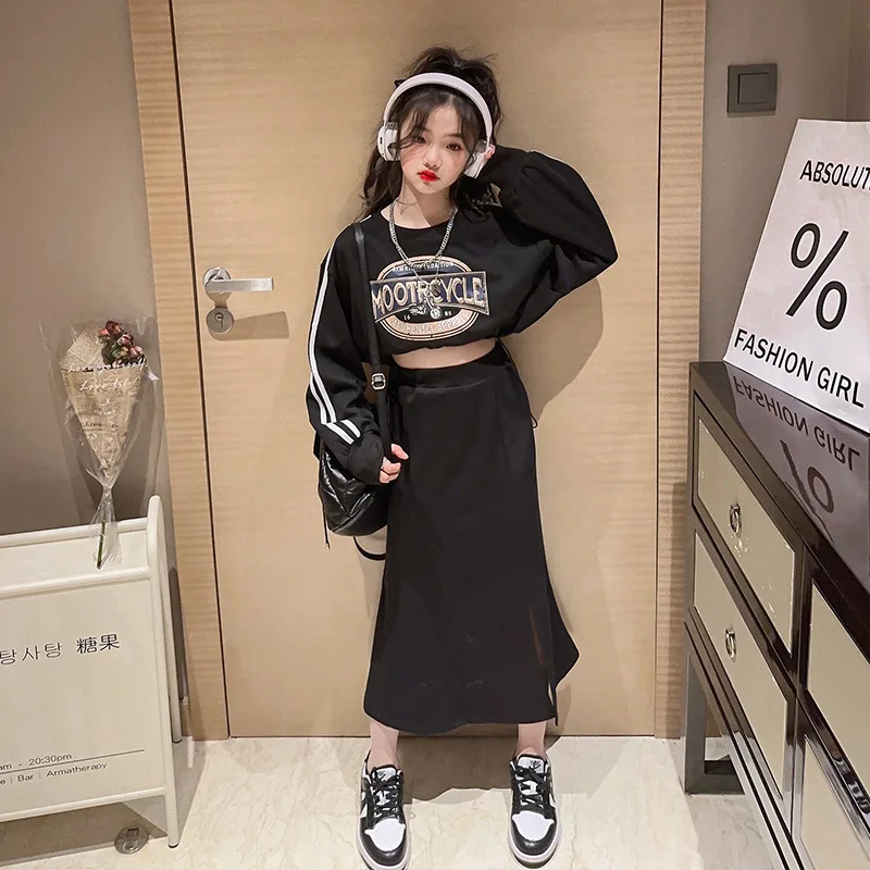 

Детский костюм, весенне-осенний комплект одежды для девочек, свитшот с присборенной талией и юбка с разрезом, школьная одежда, свободная детская одежда с надписью