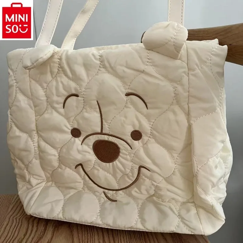 MINISO Disney Fashion High Quality Nylon Shoulder Bag Women's Fashion Casual Sweet Winnie Bear Print Large Capacity Storage Bag