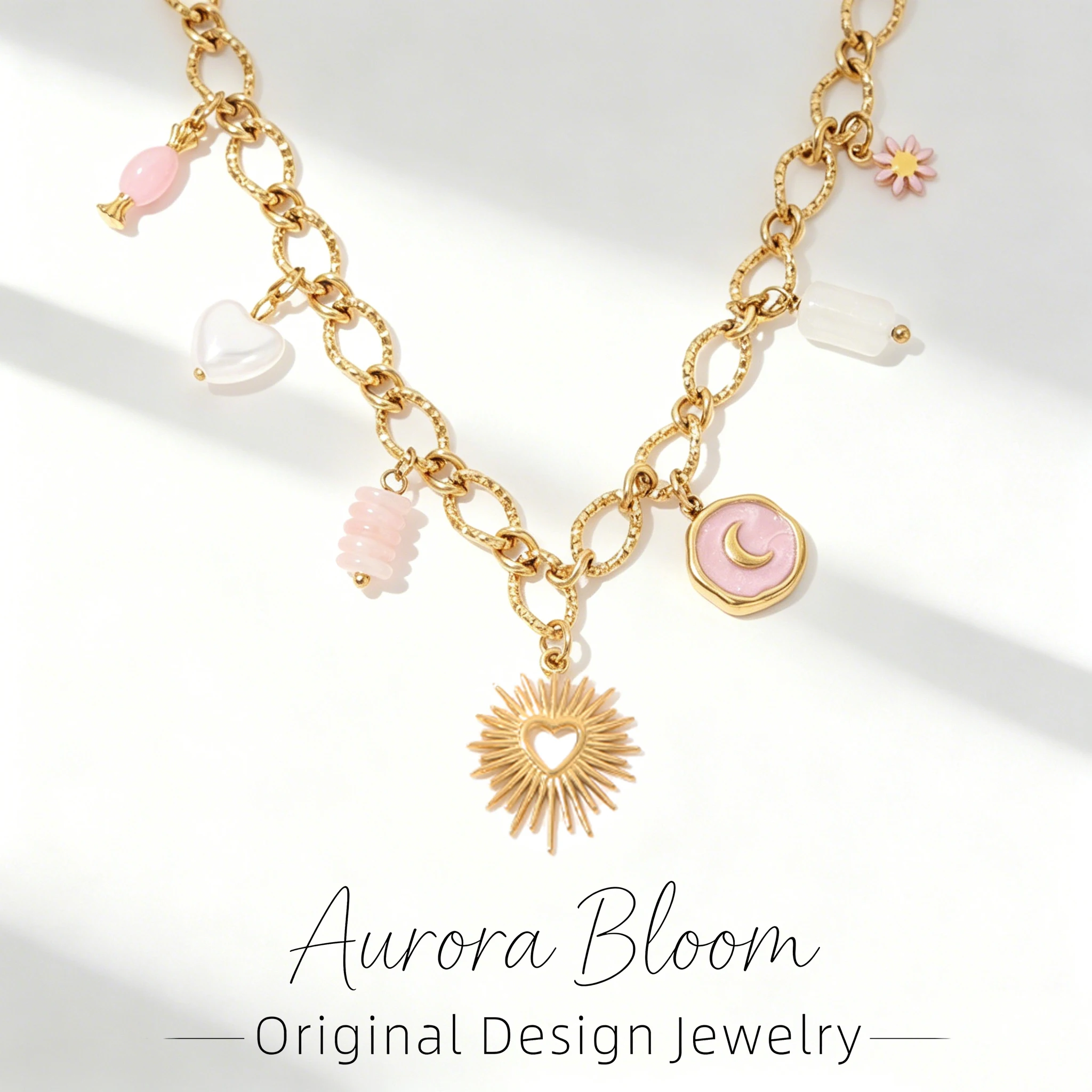 AURORA Trend Radiate Herzförmige Anhänger-Halskette für Damen, Choker-Halsketten, modische rosa Emaille-Mond-Charm-Halskette, Schmuck