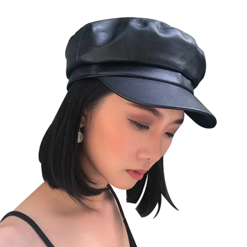 Flat Cap Autumn winter fashion ladies beret PU leather beret hat painter hats outdoor leisure Flat top military caps Spring Casual Berets