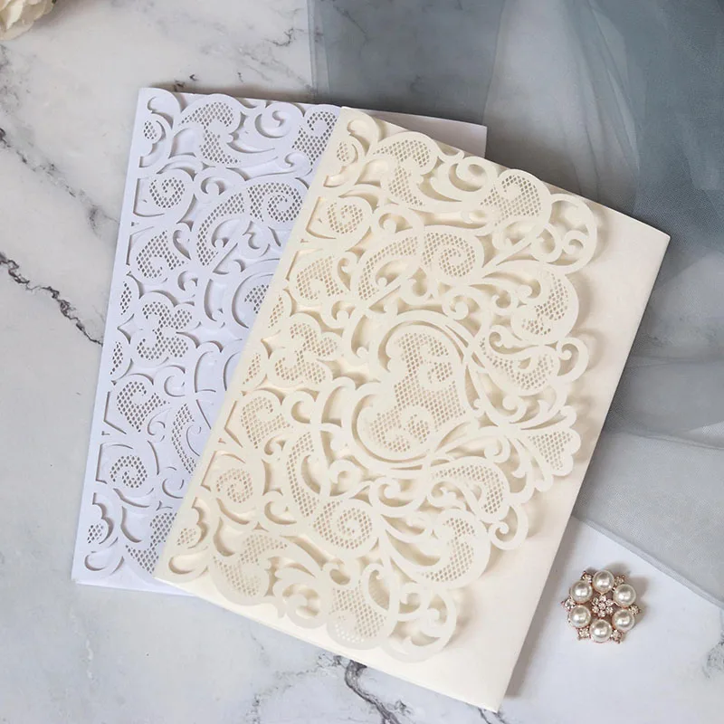 European Laser Cut Wedding Invitations Card Tri-Fold Business Lace Greeting Card Marriage Birthday Party Favor Supplies 25/50pcs