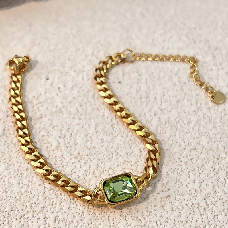 Punk Round Crystal Thick Chain Bracelet Women Green Square CZ Zircon Bangle Bracelets Stainless Steel Waterproof Classic Jewelry