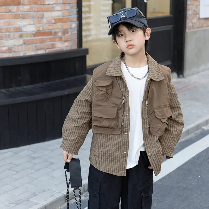 Cool Trendy Boys Long Sleeve Shirt Set Autumn Workwear Vest Two Piece Set Children's Clothing Toddler Kids Boy Fashionable Outfi