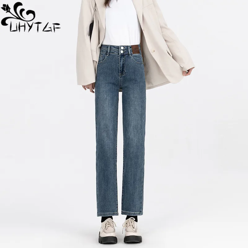 UHYTGF Spring And Autumn Jeans Women's Straight Pipe Trousers High Waist Loose Nine-Point Pants New Women's Jeans 19