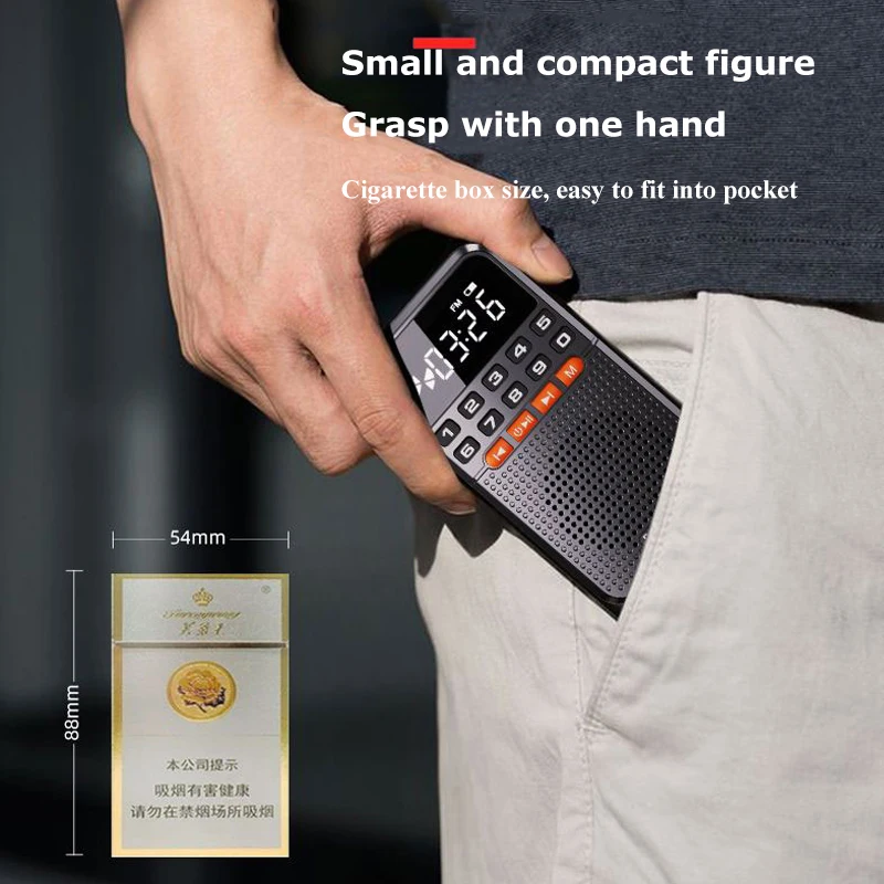 Mini Portable Pocket Radio Dual Antenna Radios Receiver Bluetooth Speaker Walkman with LED Display Flashlight TF Card Player