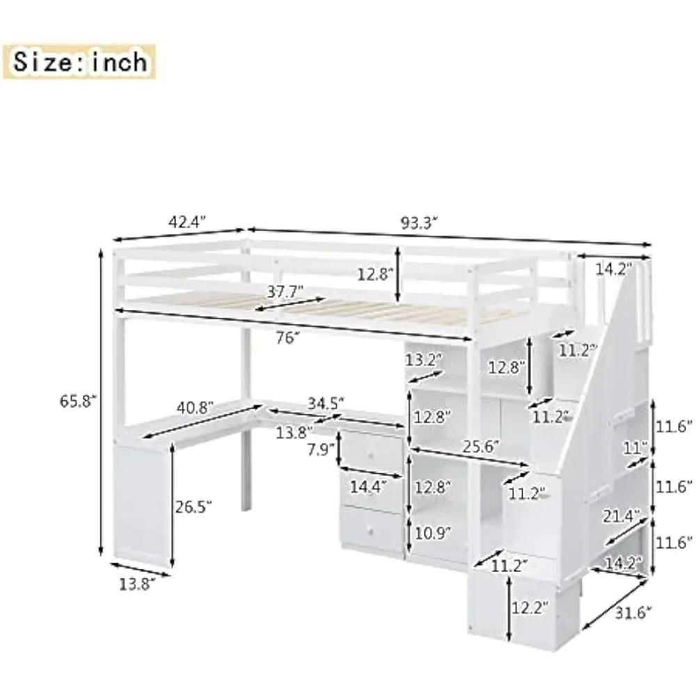 Bunk Beds Twin Loft Bed, Stairs and L-Shaped Desk, Solid Wood Loft Bed Frame with Bookcase and Storage Drawers, Loft Bed 4