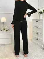 2-Piece Women's Autumn and Winter Pure Color Elegant Bow Women's Simple Long-Sleeved Pants Pajama Set Leisure home clothing - Image 6