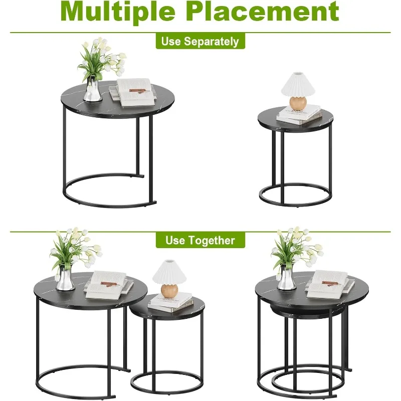 Coffee Table Nesting Black Set of 2 Side - Black Frame and Round Black Marble Wood Table, Industrial End Table Side . 5