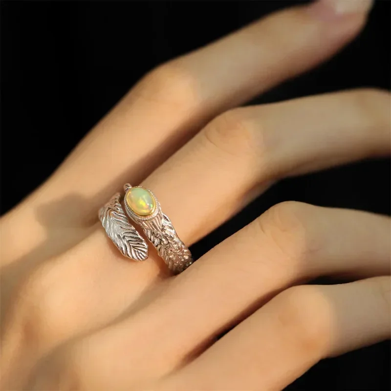 

925 Sterling Silver Temperament Fashion Opal Feather Ring for Women Girl Trendy Party Irregular Adjustable Jewelry Dropshipping