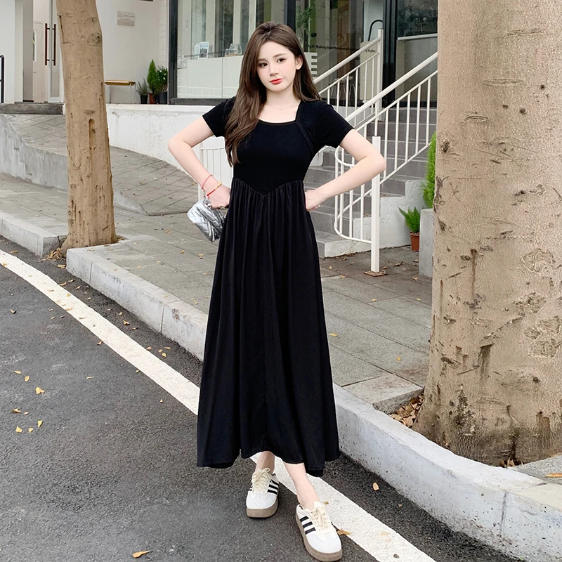 

Black Plus Size Maternity Summer Dress Square Collar Short Sleeve Pregnant Women's Pleated Dress Elegant Pregnancy Party Dresses