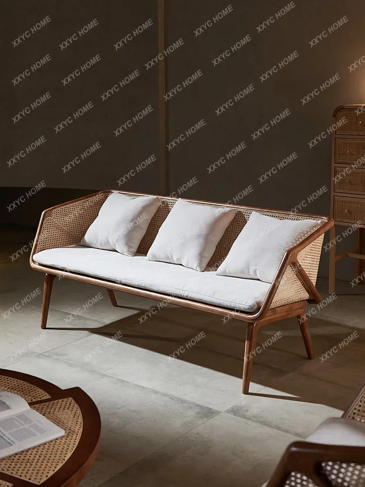 

Solid Wood Rattan Sofa Combination Small Apartment Japanese Living Room Rattan Chair Couch