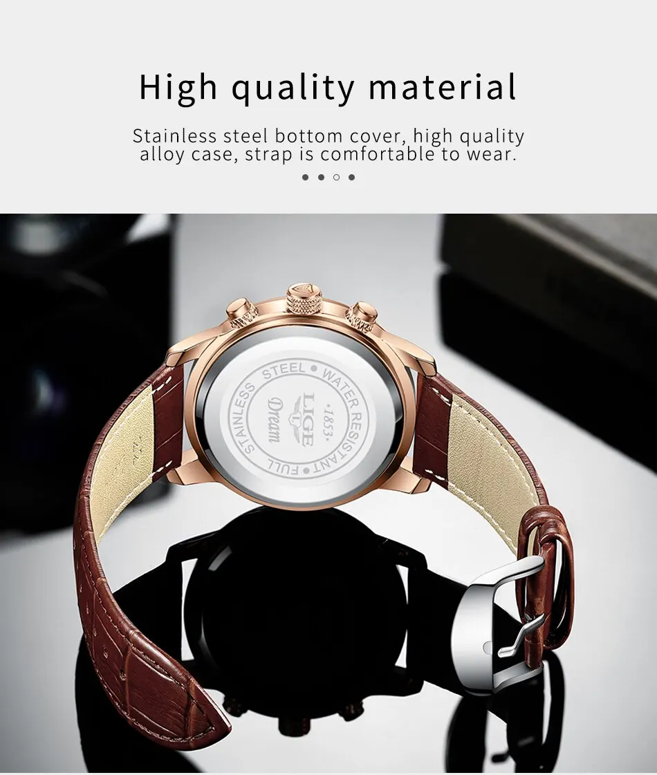 Lige Luxury Brown Leather Casual Quartz Wristwatch for Men | Diversi