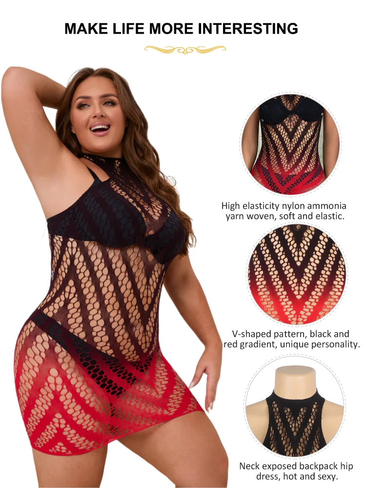 Comeondear Fishnet Dress Woman Plus Size Lingerie Mesh Nightgown High Stretchy Pajamas Black Red Gradient Mini Sexy Bodystocking