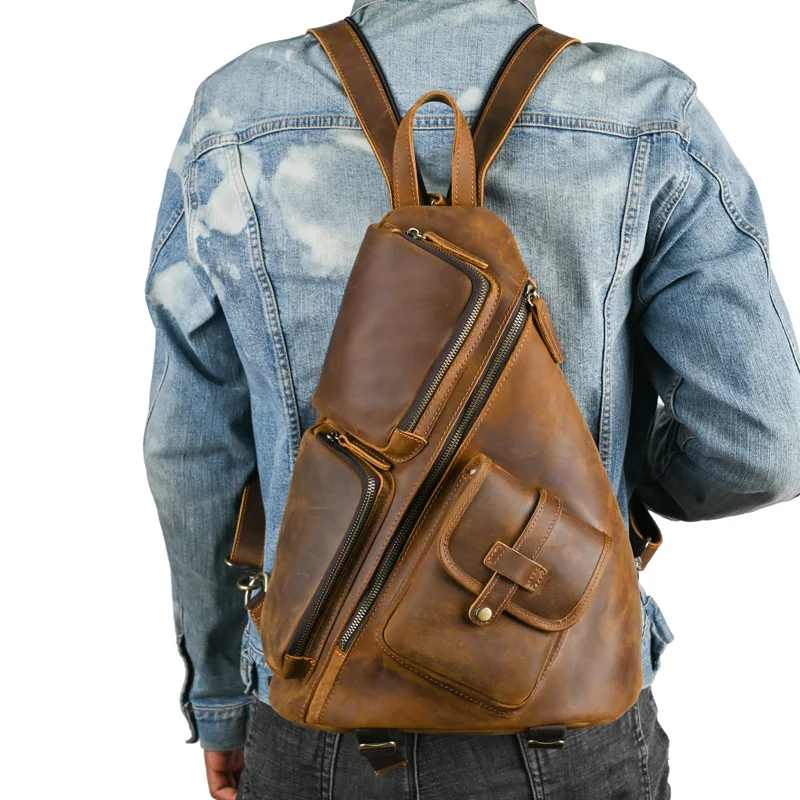 Vintage Crazy Horse Leather Backpack for Men Large Cowhide Rucksack with Multiple Pockets, Retro Travel Bag