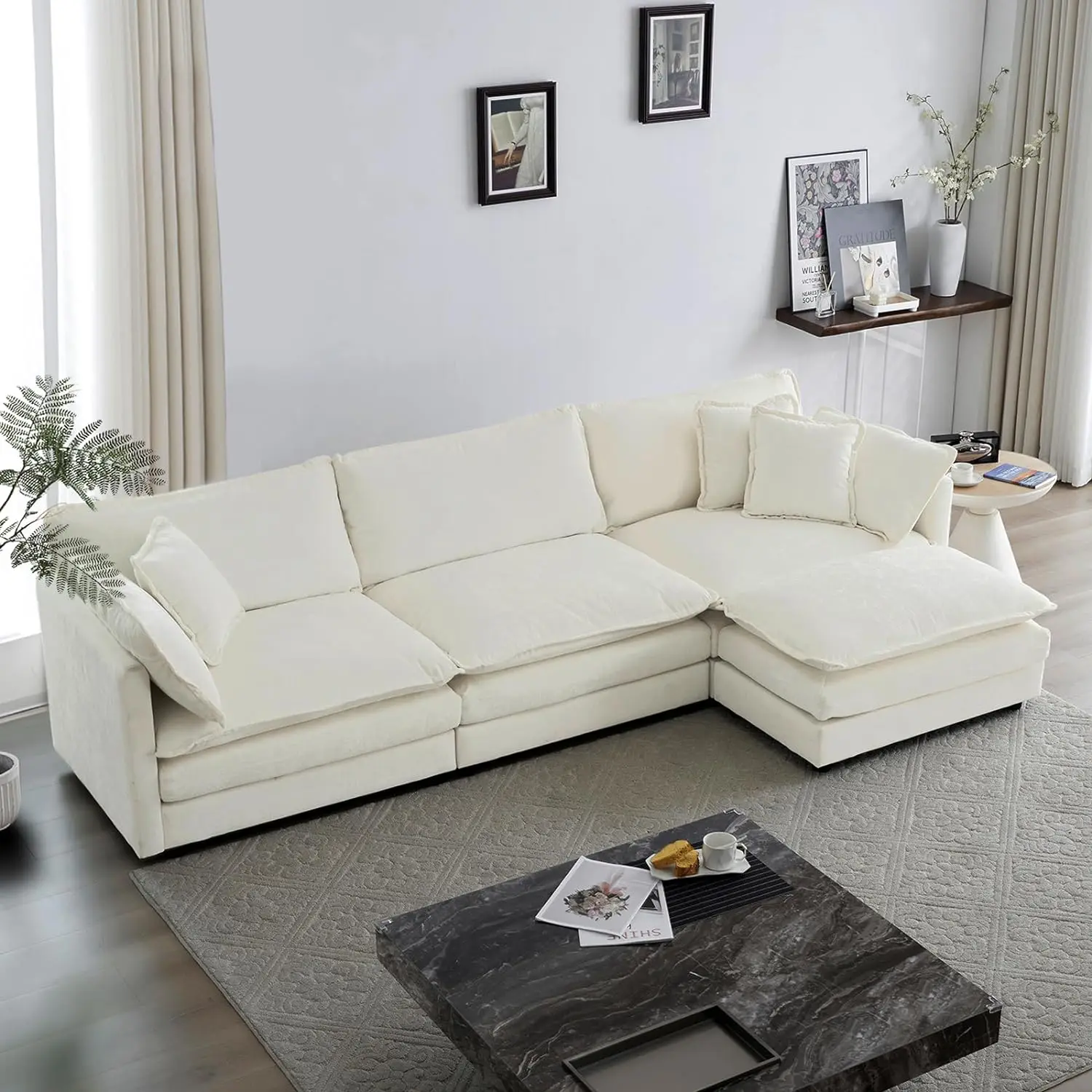 Chenille L-Shaped Modular Sectional Sofa, 3-Seater Comfy Cloud Couch with Ottoman/Chaise & 5 Pillows for Living Room Bedroom 2