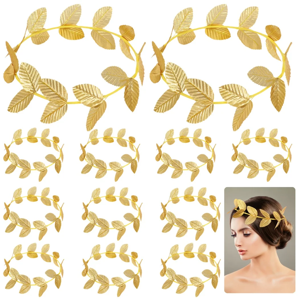 12Pcs Roman Laurel Headbands Gold Leaf Headpieces Greek Crown Roman Wreaths Goddess Headdresses Toga Headwears For Costume Party