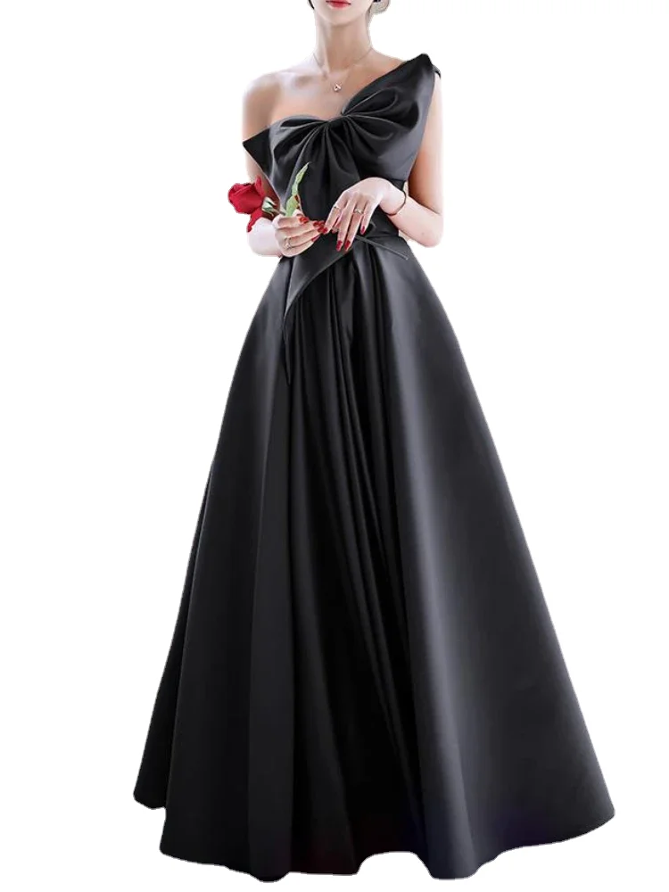 

Elegant Temperament Prom Vestidos Bow Draped One-shoulder Strapless Cross Lace Up Graduation Dress Trendy Party Evening Dresses