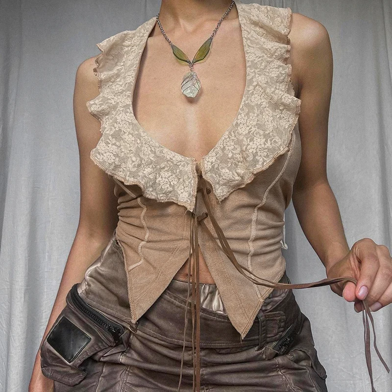 Chaleco vintage de gamuza para mujer, top Y2K con cordones, ajustado, sexy, sin mangas, de los años 2000, con ribete de encaje, estilo halter, ropa grunge
