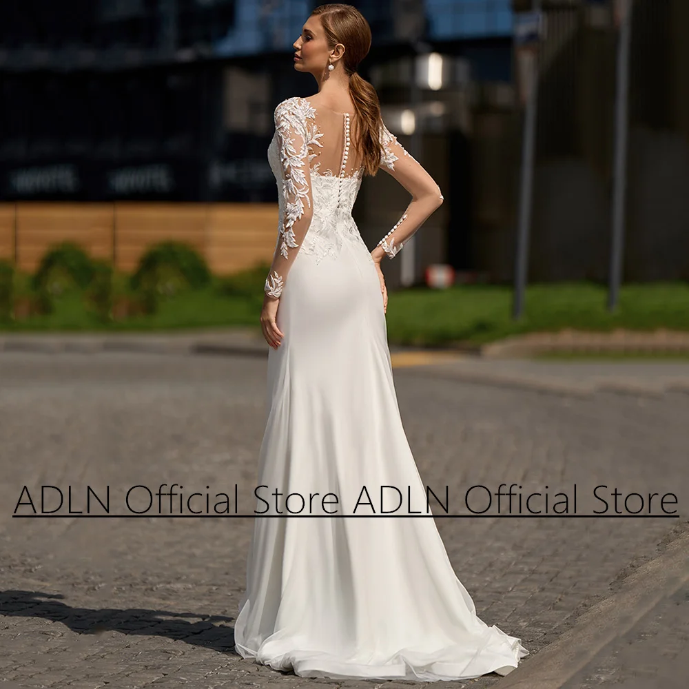 Lady Mermaid Wedding Dresses for Bride Customized Long Sleeevs Scoop Sequined Applique Sweep Train Back Buttons Bridal Gown 2
