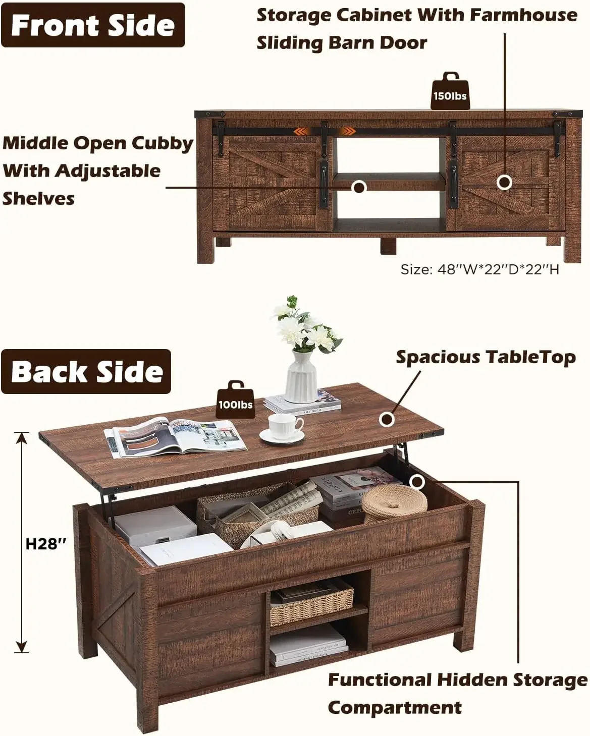 48" Farmhouse Lift Top Coffee Table with Sliding Barn Door,Rustic Center Table with Hidden Storage Compartment 3