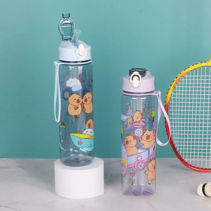Cartoon Capibala Pattern Water Bottle Leakproof Plastic Straw Cup Portable Outdoor Travel Large Capacity Sports Cup 750ml