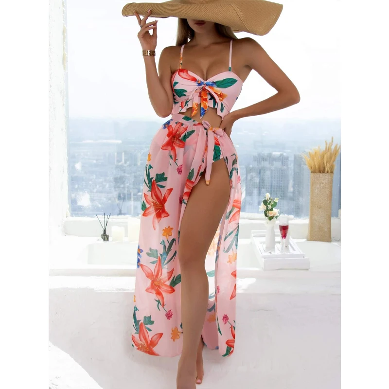 

3pack Tropical Print Halter Tie Front Three Pieces Bikini Swimsuit High Waist Swimwear 2022 Beach Bathing Suit Biquini Beachwear