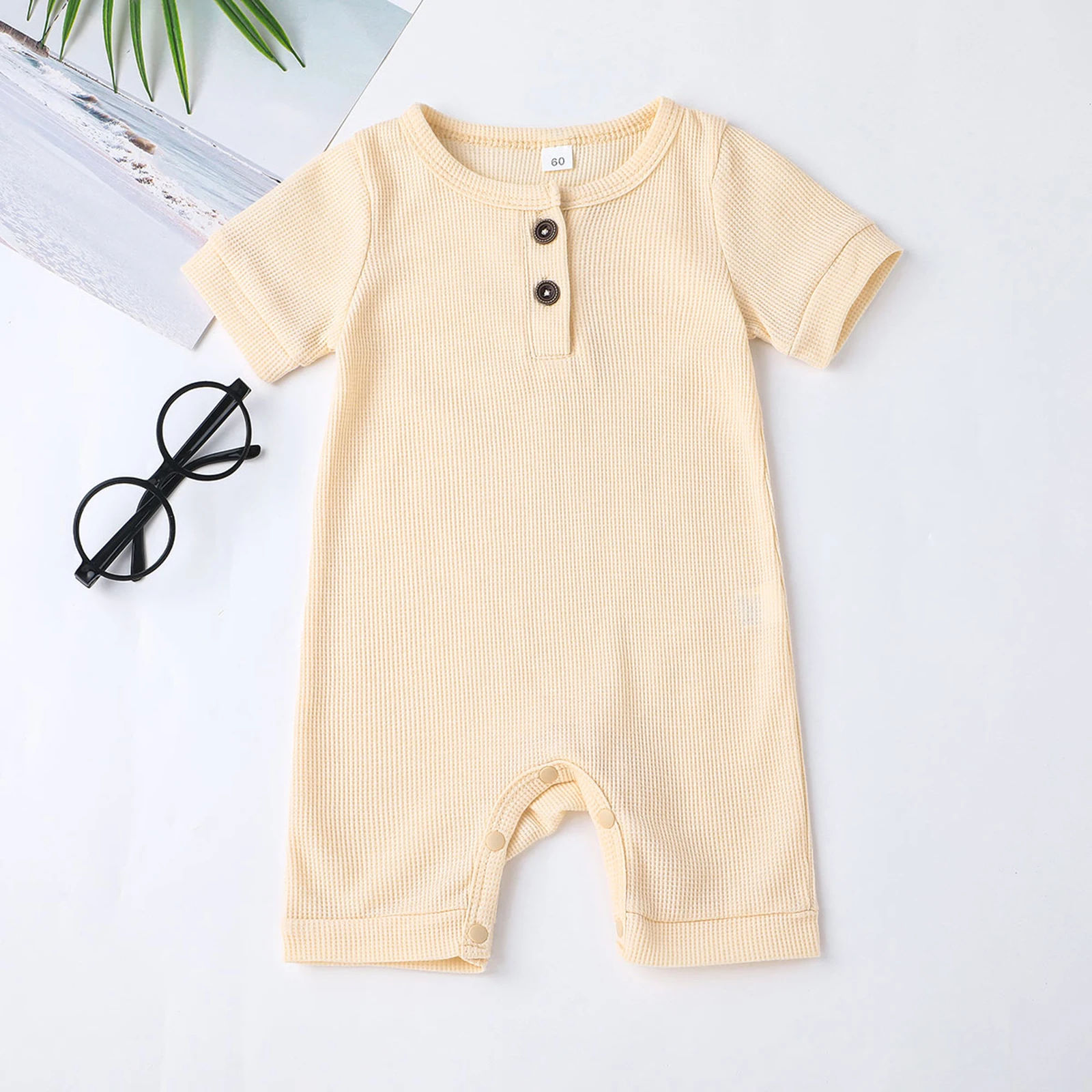 Baby Rompers Baby Jumpsuit Baby Clothing Lovely Baby Girls Boys Romper, Short Sleeve Round Neck Solid Color Ribbed Buttoned Short Pants For Summer Spring, Kids Clothing