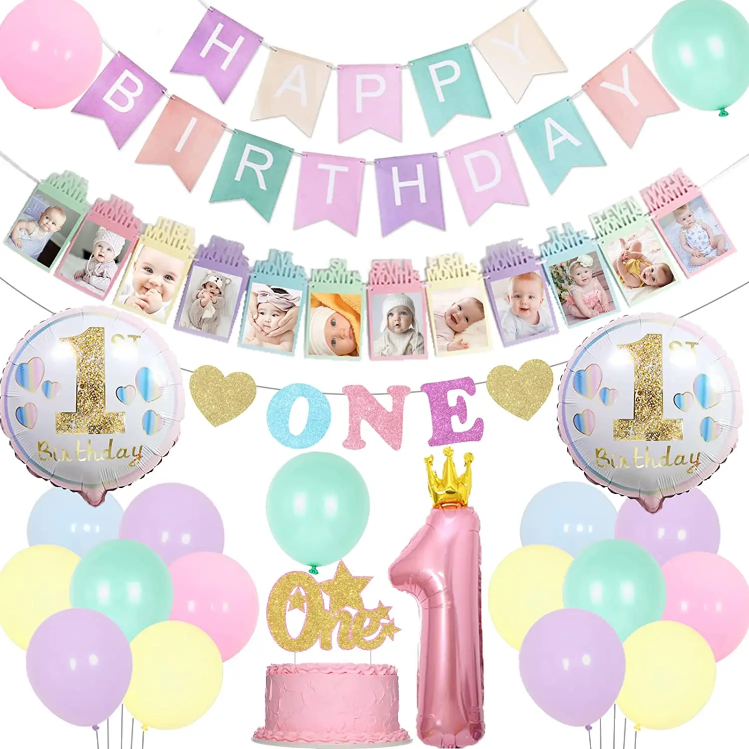

Pastel 1st Birthday Decorations for Girls Macaron Happy Birthday Banner “ONE” High Chair and Photo Banner Number 1 Foil Balloon