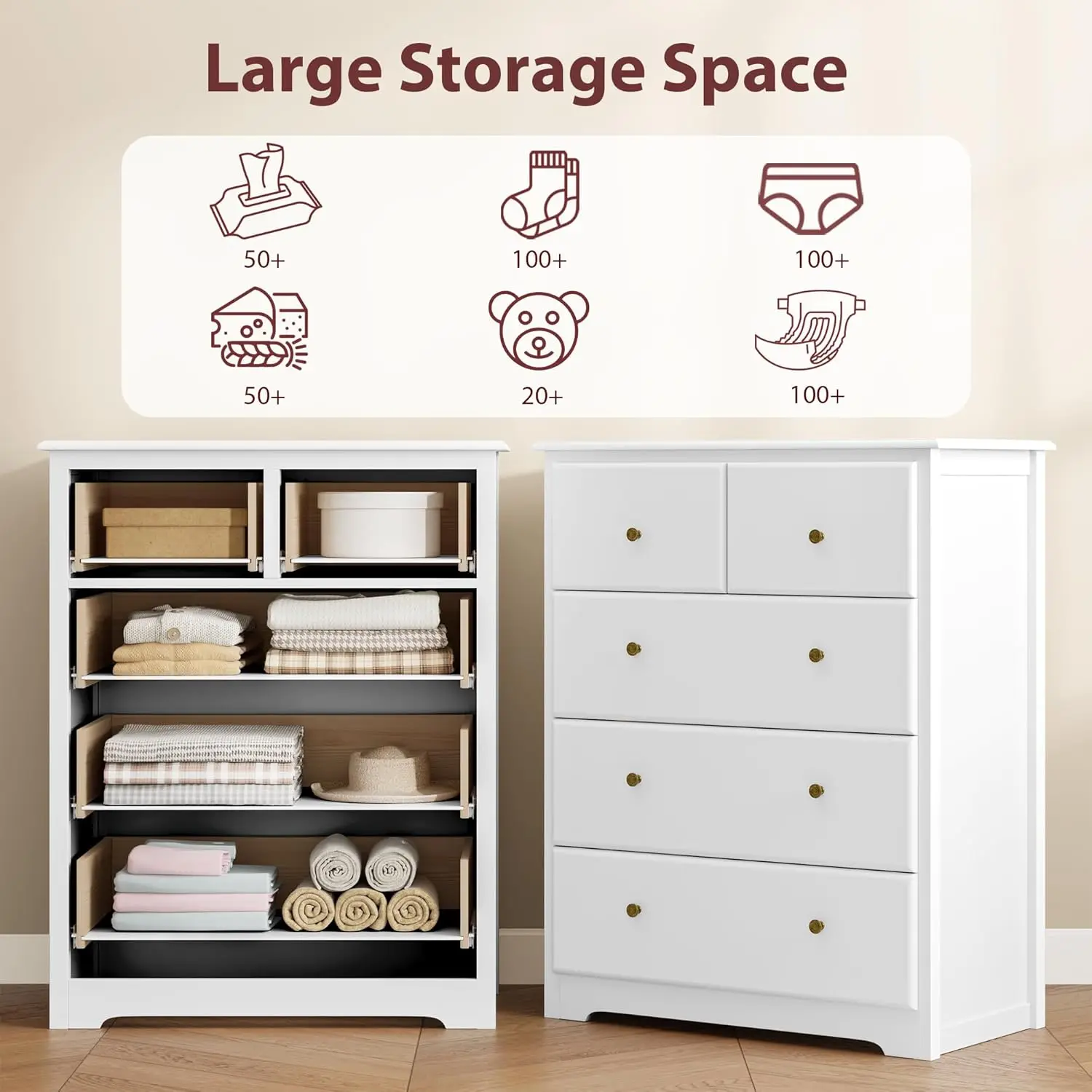 Dresser with 5 Drawers, Tall Chest of Drawers, 5 Drawer with Deep Space, Wood Storage Cabinet fo