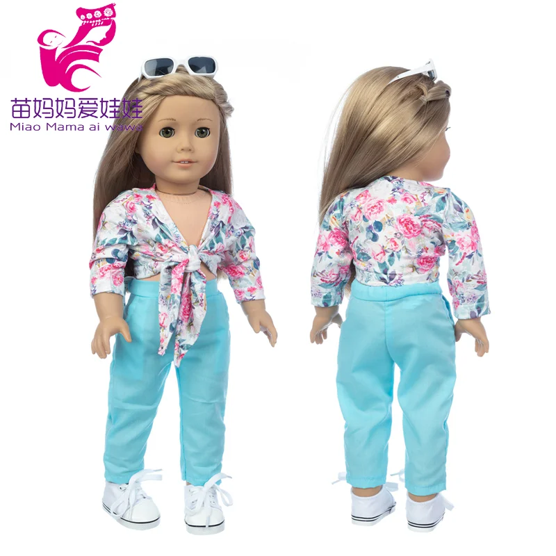 18 Inch Girl Doll Blue Blouse Tie A Knot Flower Dress Baby Doll Clothes Baby Girl Gifts 3