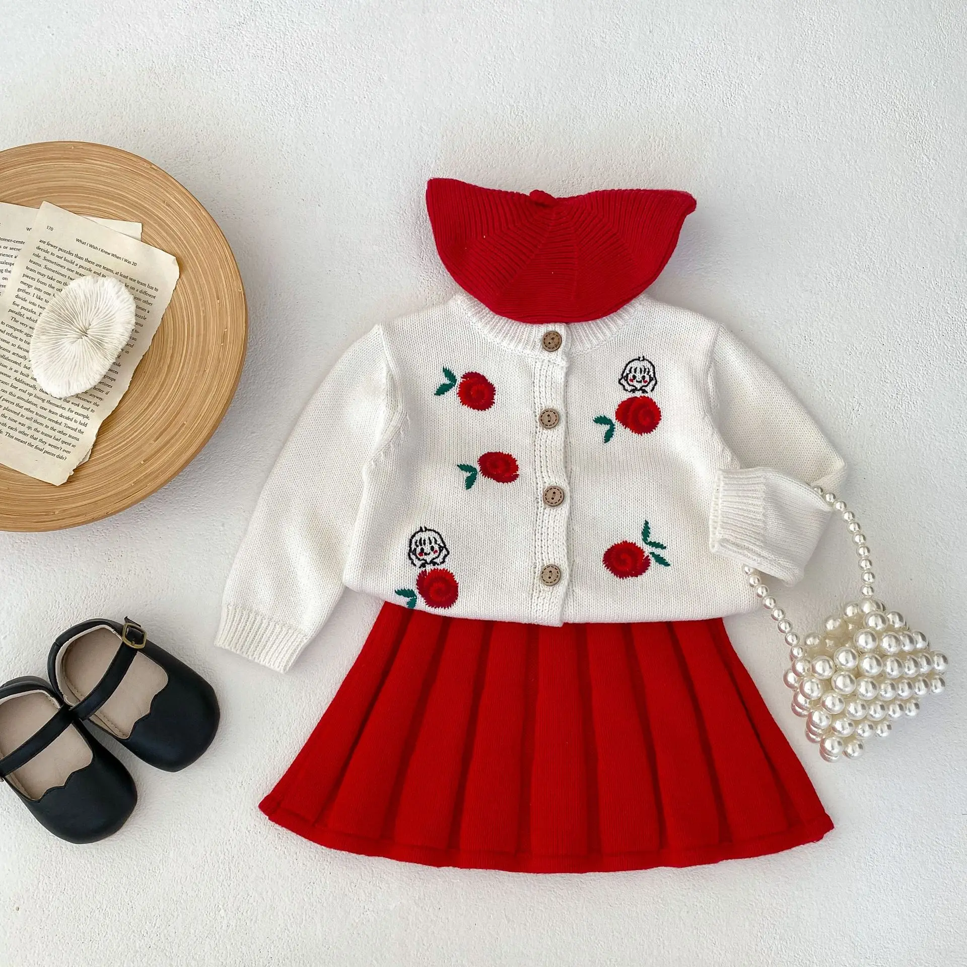 

2023 Autumn Baby Sweaters Sets Kids Girls Rose Embroidery Knitted Cardigan Coat+Solid Skirt 2 Piece Toddler Clothes Outfits