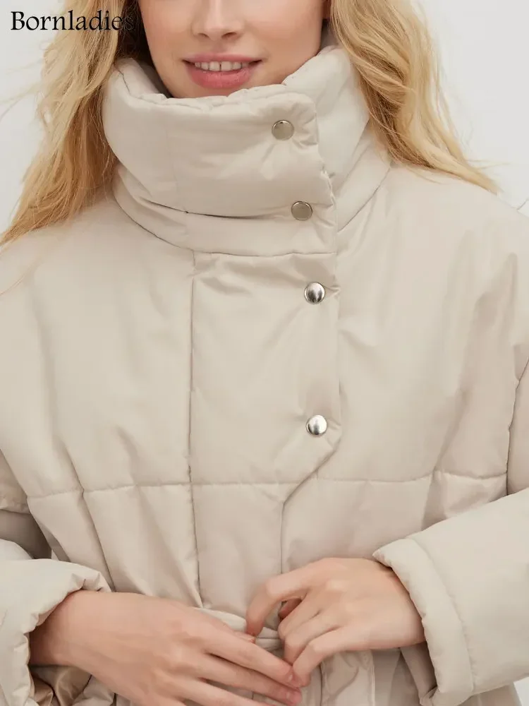 Bornladies Quilted Jacket Women Winter Loose Parkas Coat Vintage Belted Outwear Office Ladies Warm Cotton Puffer Jackets