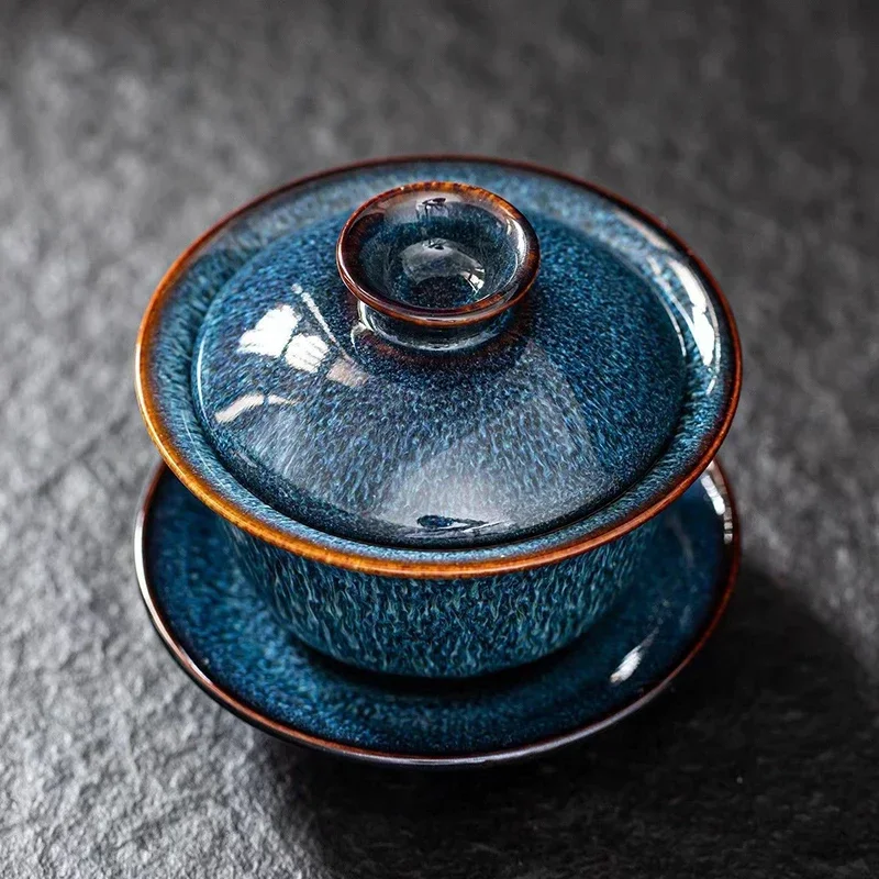 Blue star glaze gaiwan tea set cover bowl tea cups Chinese porcelain with lid hand-drawn lotus