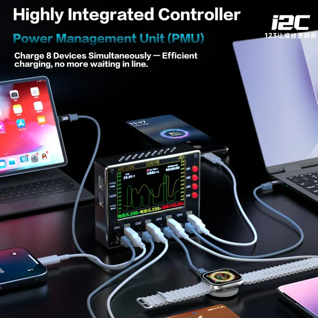 تستر شحن ذكي I2C C08 (باقة 3 الشاملة) – قدرة 140W مع الأدابتور و4 كابلات تيست 5