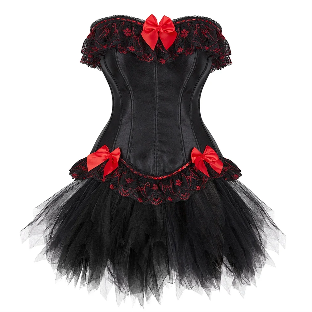 

Steampunk Lace Trim Corset with Skirt Plus Size Zip Bustiers Dress Party Club Night Sexy Outfits Burlesque Rave Costumes